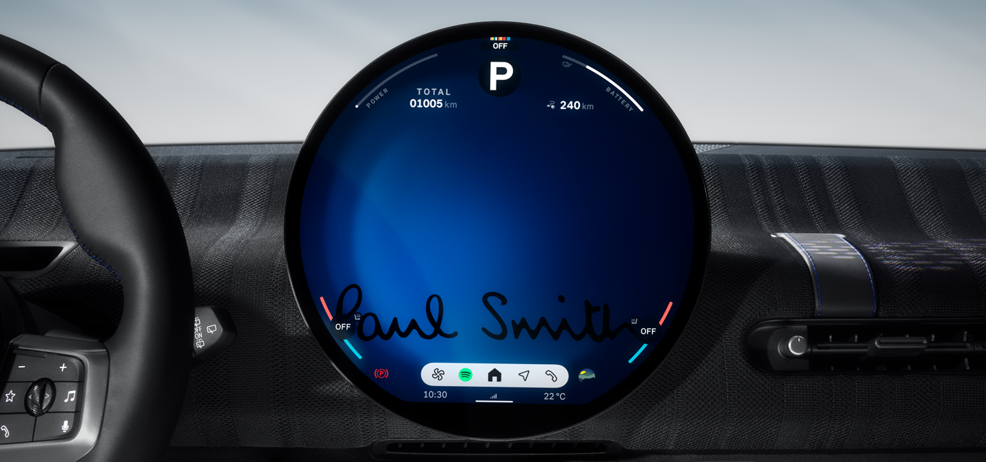 Detail view of the MINI Paul Smith Edition Dashboard and Display.
