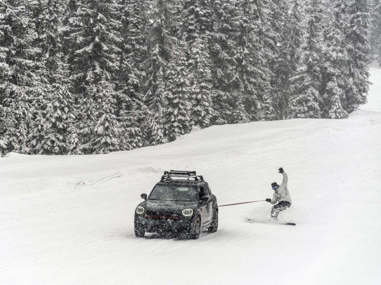 Professional Big Mountain skier Cole Richardson being pulled by a MINI John Cooper Works Countryman