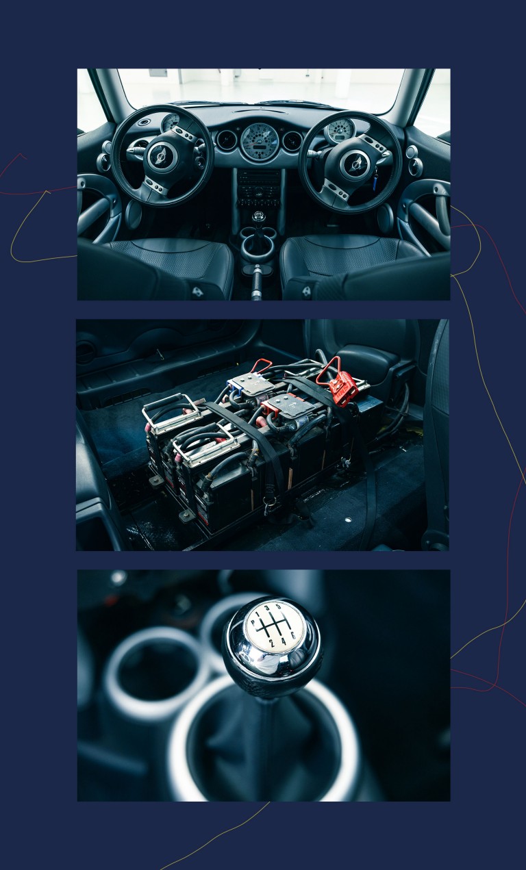 The interior of a MINI Cooper turned into an electric car for the film „The Italian Job” (2003).