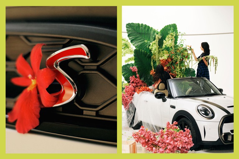 Left: Detail shot of a flower at the grille; right: Ruby and one of her assistants are working on set. 